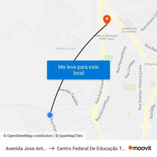 Avenida Jose Antonio Barbosa, 615 to Centro Federal De Educação Técnica - Cefet - Campus Araxá map