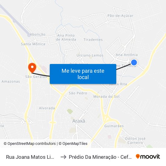 Rua Joana Matos Lima, 615 to Prédio Da Mineração - Cefet Araxá map