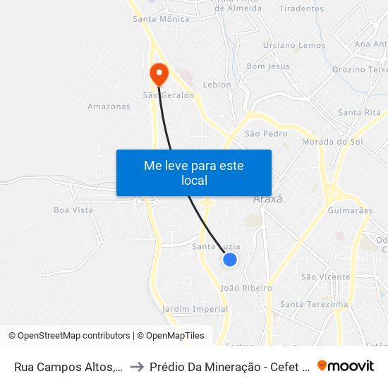 Rua Campos Altos, 183 to Prédio Da Mineração - Cefet Araxá map
