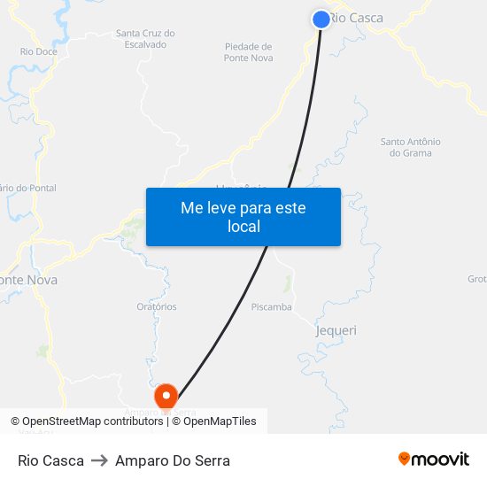 Rio Casca to Amparo Do Serra map