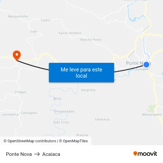 Ponte Nova to Acaiaca map