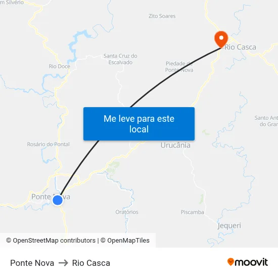 Ponte Nova to Rio Casca map
