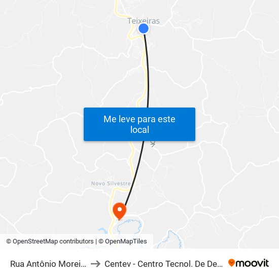 Rua Antônio Moreira Barros, 151 to Centev - Centro Tecnol. De Des. Regional De Viçosa map