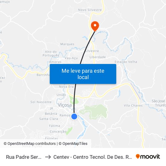 Rua Padre Serafim, 450 to Centev - Centro Tecnol. De Des. Regional De Viçosa map