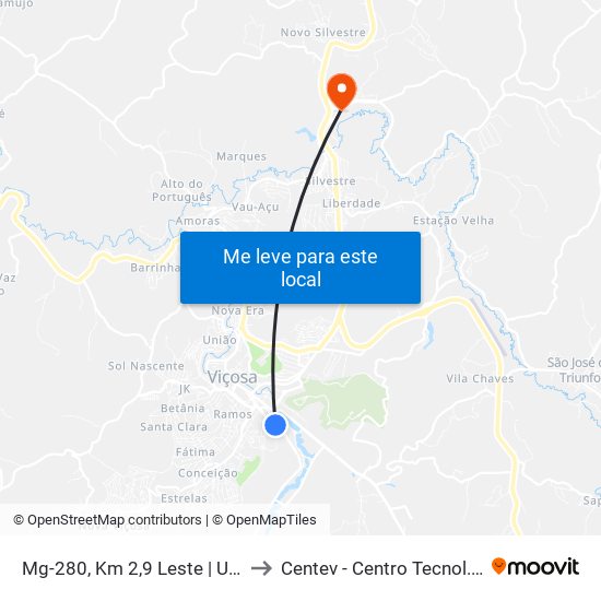 Mg-280, Km 2,9 Leste | Ufv - Espaço Aberto De Eventos to Centev - Centro Tecnol. De Des. Regional De Viçosa map