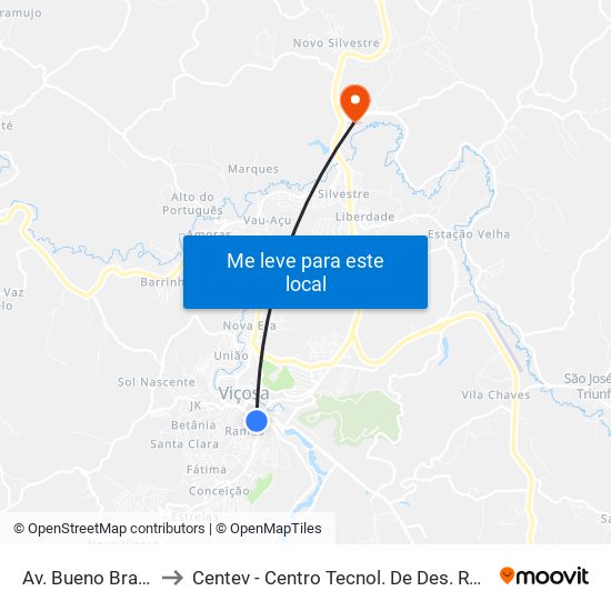 Av. Bueno Brandão, 50 to Centev - Centro Tecnol. De Des. Regional De Viçosa map