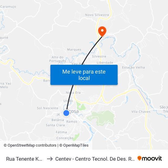 Rua Tenente Kümmel, 85 to Centev - Centro Tecnol. De Des. Regional De Viçosa map