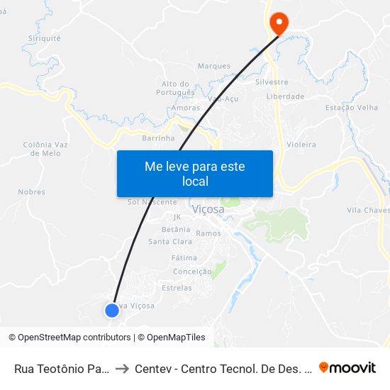 Rua Teotônio Pacheco, 240 to Centev - Centro Tecnol. De Des. Regional De Viçosa map