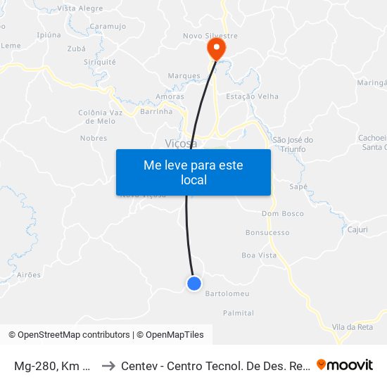Mg-280, Km 9,8 Leste to Centev - Centro Tecnol. De Des. Regional De Viçosa map