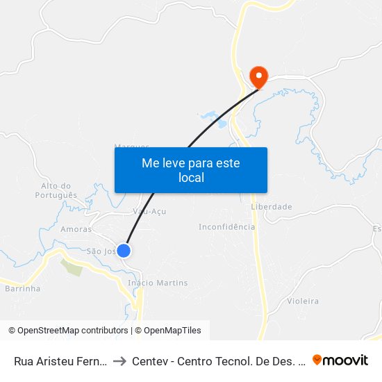 Rua Aristeu Fernandes, 119 to Centev - Centro Tecnol. De Des. Regional De Viçosa map