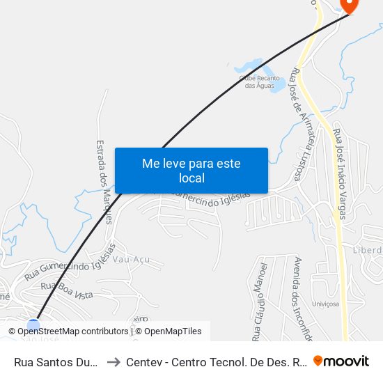 Rua Santos Dumont, 340 to Centev - Centro Tecnol. De Des. Regional De Viçosa map