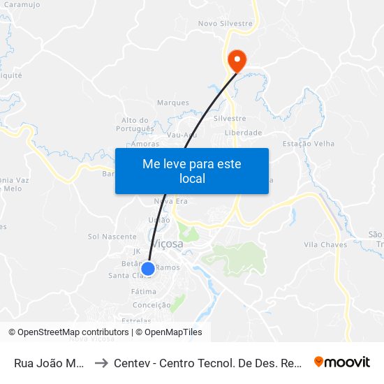 Rua João Maffia, 90 to Centev - Centro Tecnol. De Des. Regional De Viçosa map