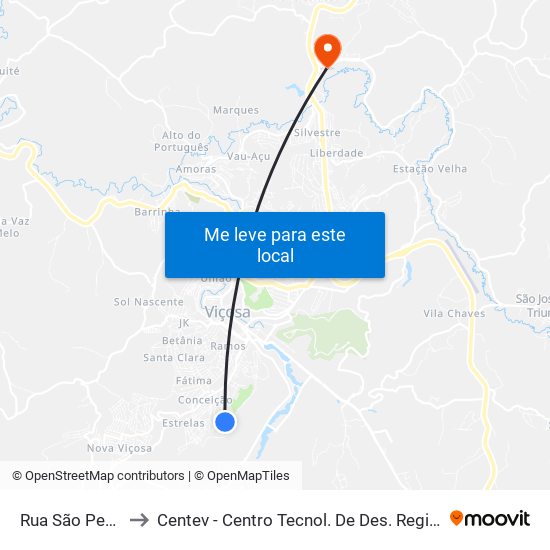 Rua São Pedro, 99 to Centev - Centro Tecnol. De Des. Regional De Viçosa map