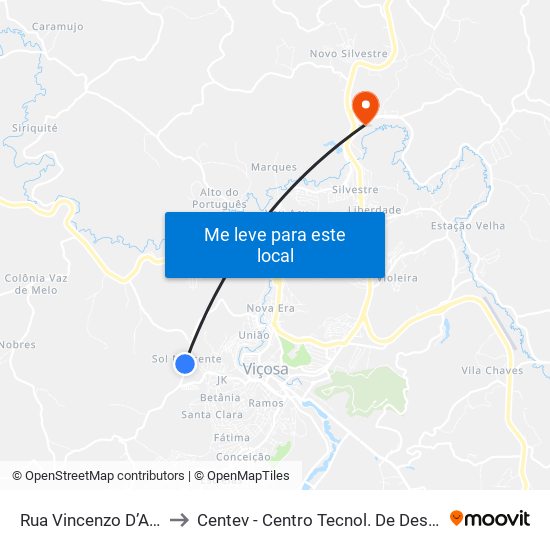 Rua Vincenzo D’Antonino, 150 to Centev - Centro Tecnol. De Des. Regional De Viçosa map