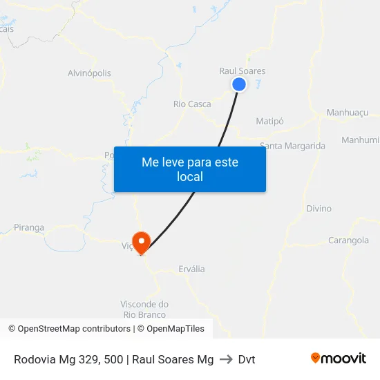 Rodovia Mg 329, 500 | Raul Soares Mg to Dvt map