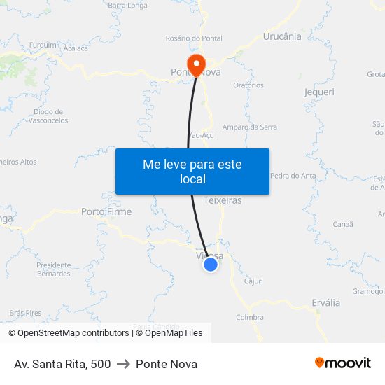 Av. Santa Rita, 500 to Ponte Nova map