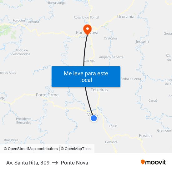 Av. Santa Rita, 309 to Ponte Nova map