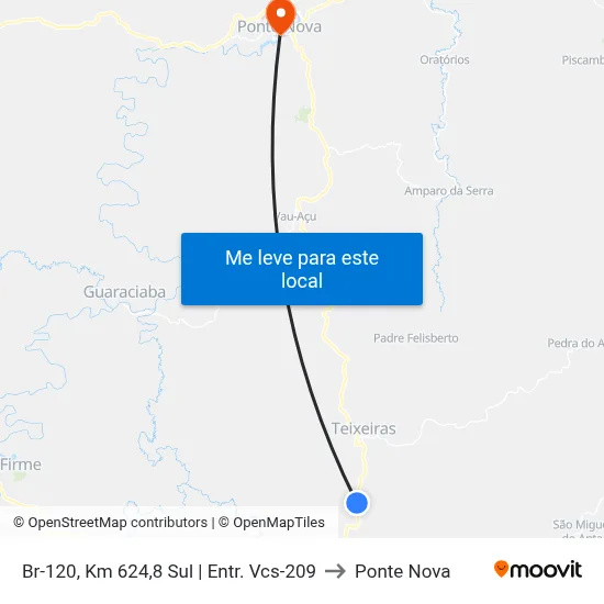 Br-120, Km 624,8 Sul | Entr. Vcs-209 to Ponte Nova map
