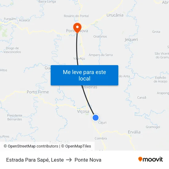 Estrada Para Sapé, Leste to Ponte Nova map