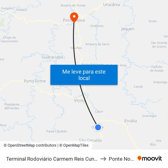 Terminal Rodoviário Carmem Reis Cunha to Ponte Nova map