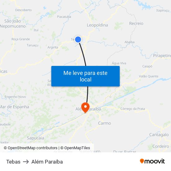 Tebas to Além Paraíba map