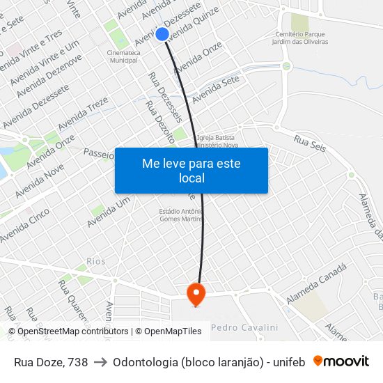 Rua Doze, 738 to Odontologia (bloco laranjão) - unifeb map