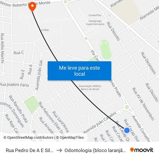 Rua Pedro De A E Silva, 1-55 to Odontologia (bloco laranjão) - unifeb map