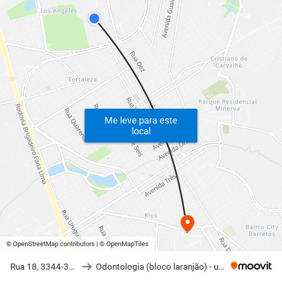 Rua 18, 3344-3438 to Odontologia (bloco laranjão) - unifeb map