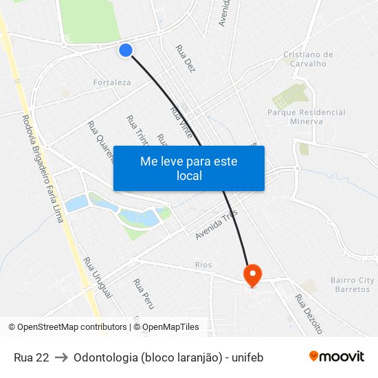 Rua 22 to Odontologia (bloco laranjão) - unifeb map