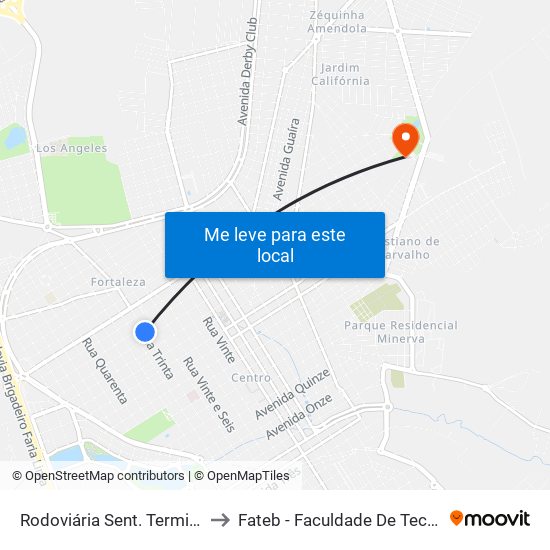 Rodoviária Sent. Terminal (Rua Trinta) to Fateb - Faculdade De Tecnologia Barretos map