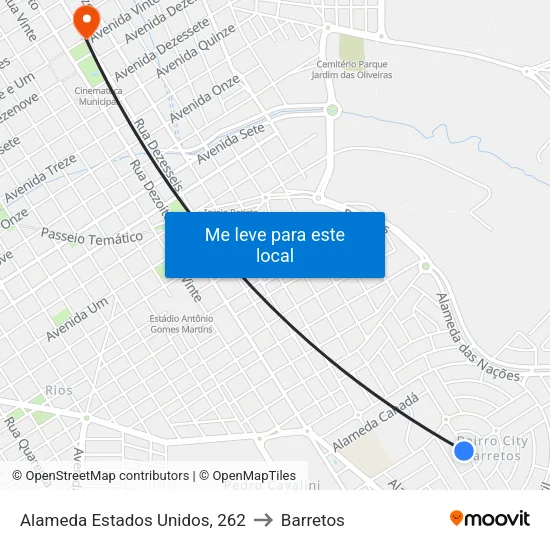 Alameda Estados Unidos, 262 to Barretos map