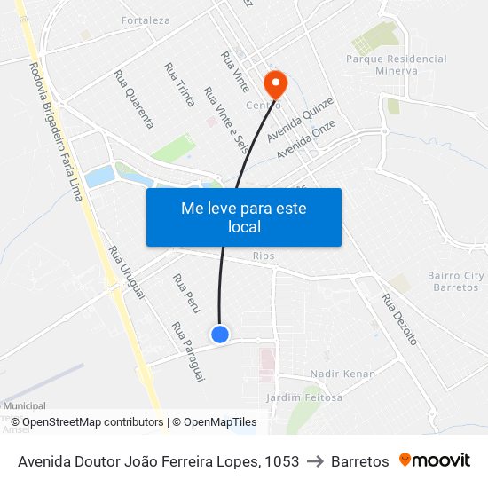 Avenida Doutor João Ferreira Lopes, 1053 to Barretos map