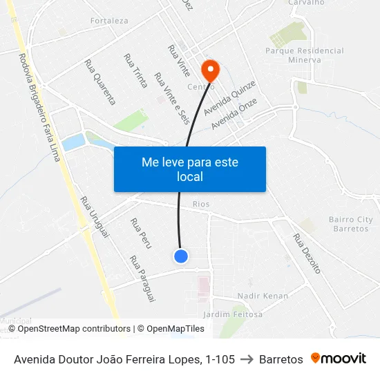 Avenida Doutor João Ferreira Lopes, 1-105 to Barretos map