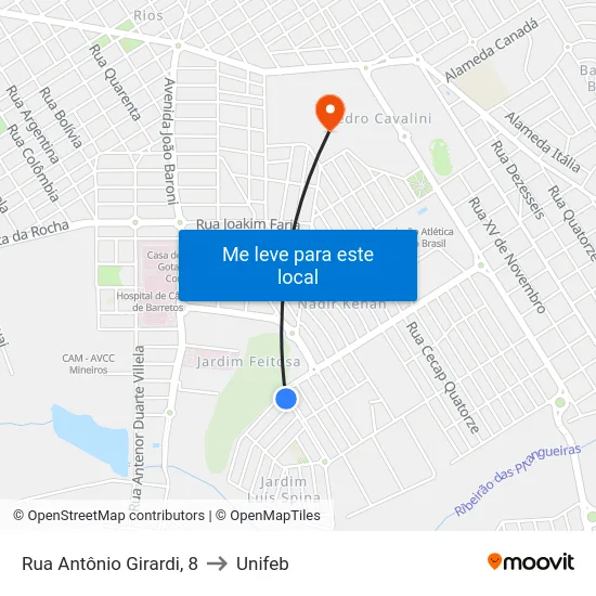 Rua Antônio Girardi, 8 to Unifeb map