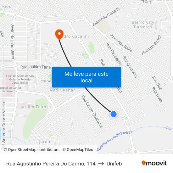 Rua Agostinho Pereira Do Carmo, 114 to Unifeb map