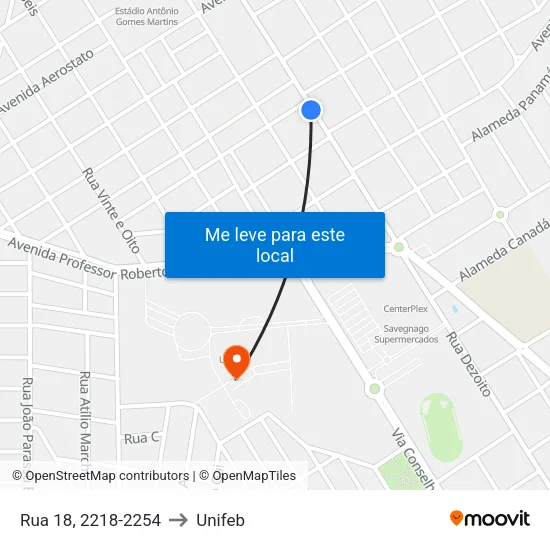Rua 18, 2218-2254 to Unifeb map