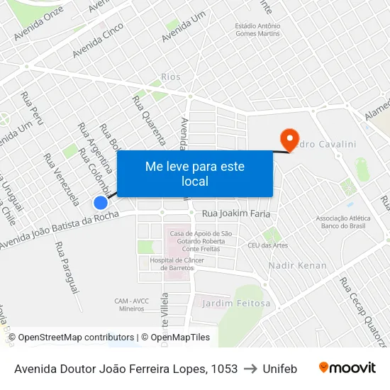 Avenida Doutor João Ferreira Lopes, 1053 to Unifeb map