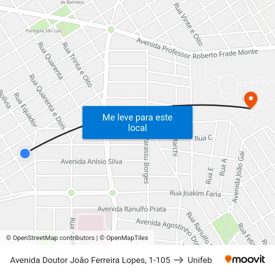 Avenida Doutor João Ferreira Lopes, 1-105 to Unifeb map