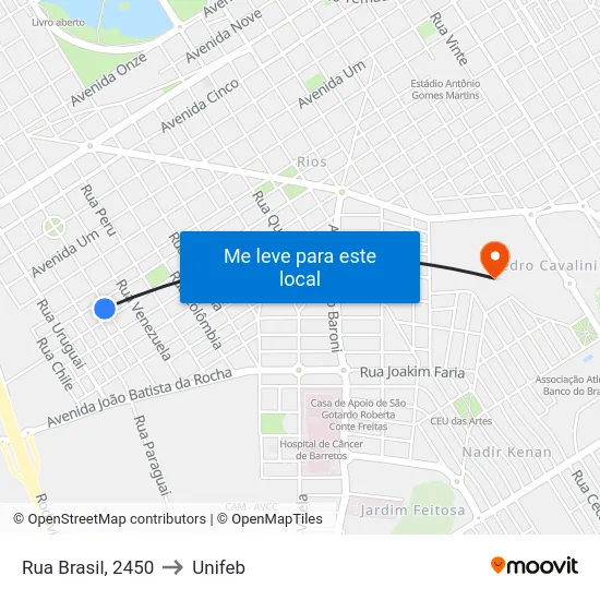 Rua Brasil, 2450 to Unifeb map