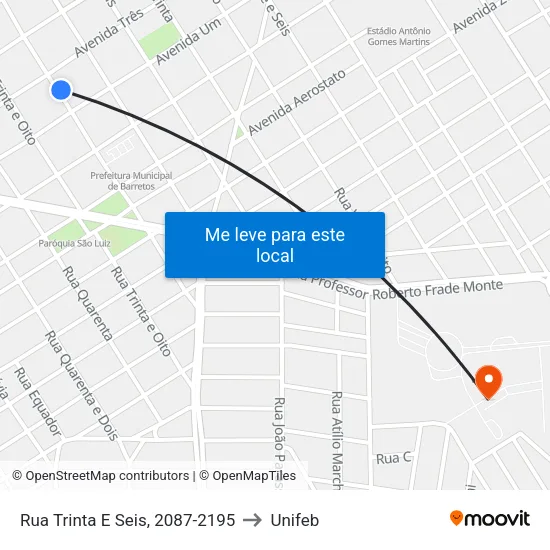 Rua Trinta E Seis, 2087-2195 to Unifeb map