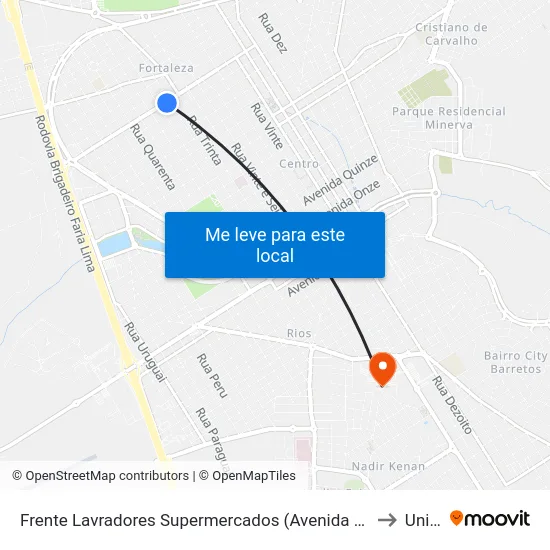 Frente Lavradores Supermercados (Avenida Quarenta E Três) to Unifeb map