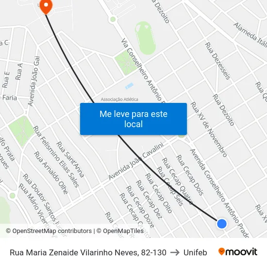 Rua Maria Zenaide Vilarinho Neves, 82-130 to Unifeb map