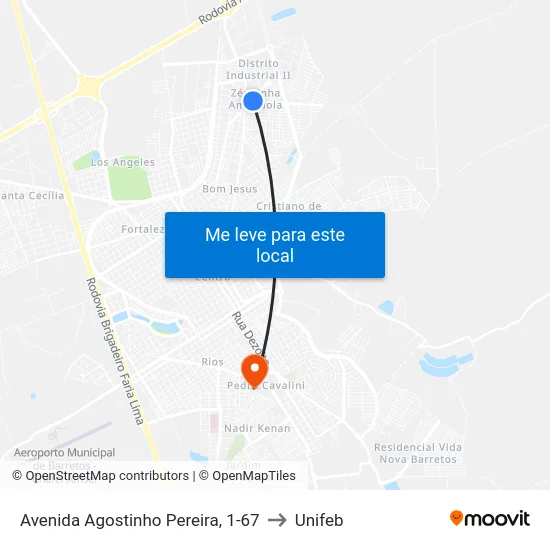 Avenida Agostinho Pereira, 1-67 to Unifeb map
