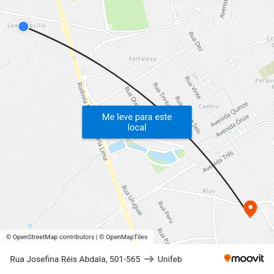 Rua Josefina Réis Abdala, 501-565 to Unifeb map