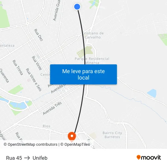 Rua 45 to Unifeb map