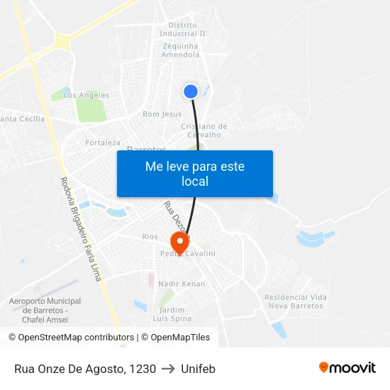 Rua Onze De Agosto, 1230 to Unifeb map