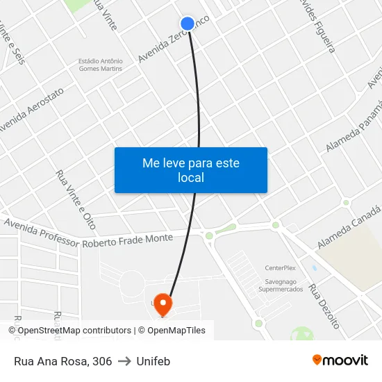 Rua Ana Rosa, 306 to Unifeb map