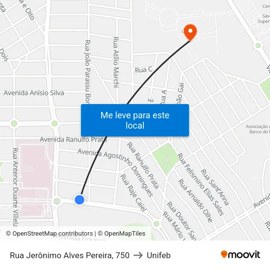 Rua Jerônimo Alves Pereira, 750 to Unifeb map