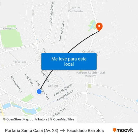 Portaria Santa Casa (Av. 23) to Faculdade Barretos map