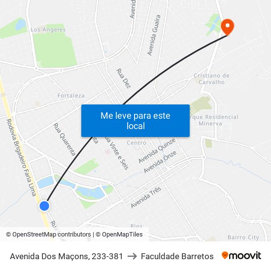 Avenida Dos Maçons, 233-381 to Faculdade Barretos map